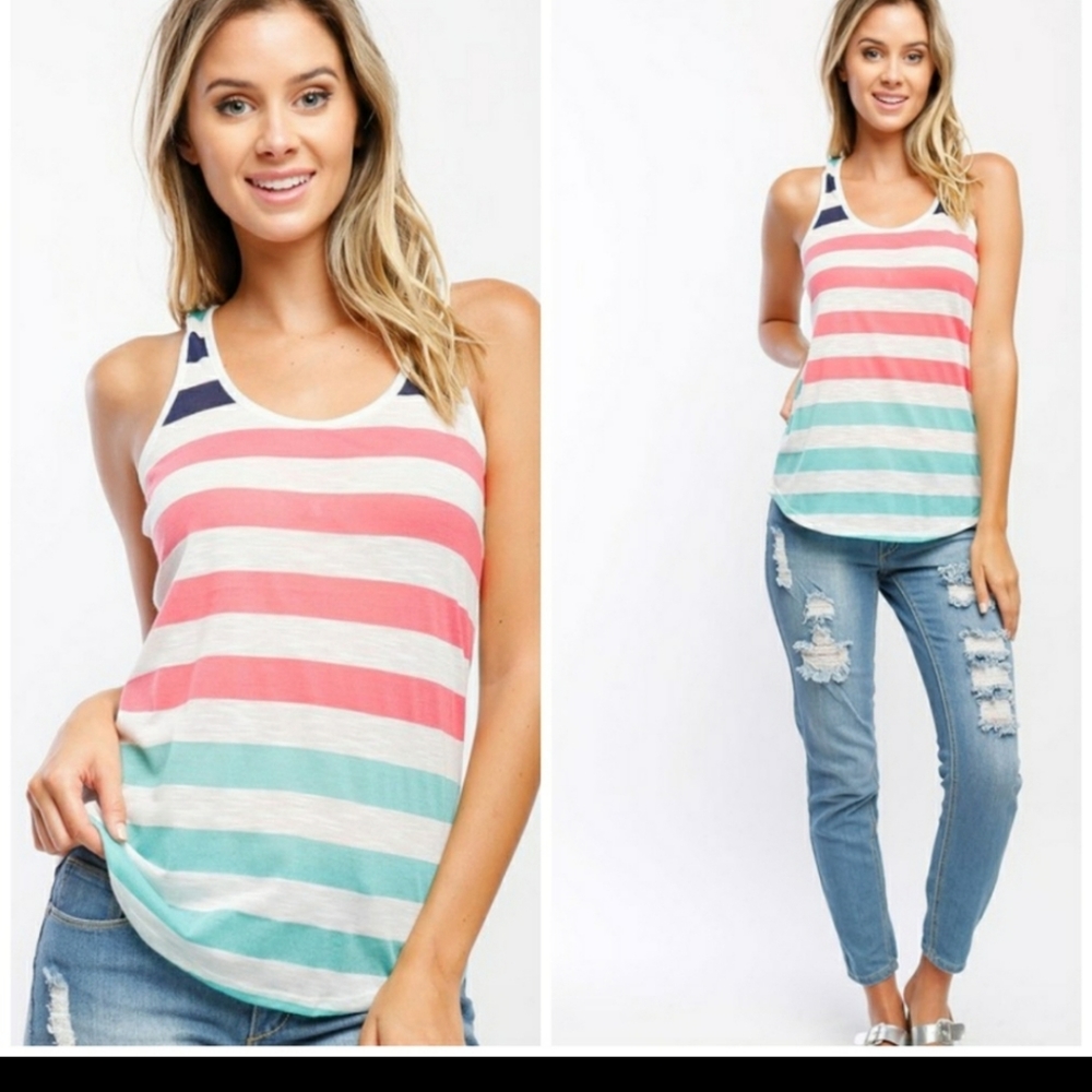 Racer Back Striped Tank Top Summer Sleeveless